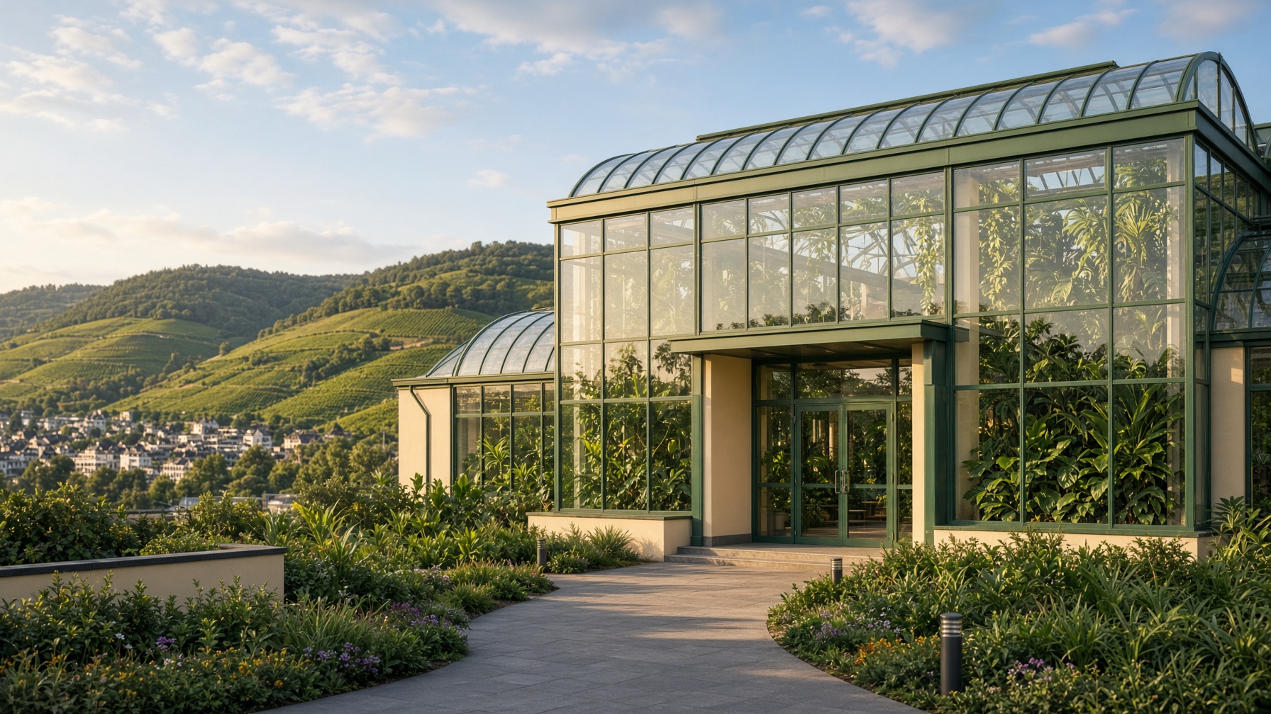Tropengewächshaus des Tropenzoo Bingen vor den Hügeln des Rheintals
