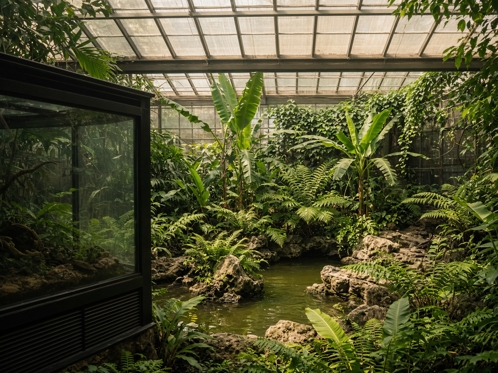 Tropische Indoor-Halle mit Lagune und üppigen Pflanzen