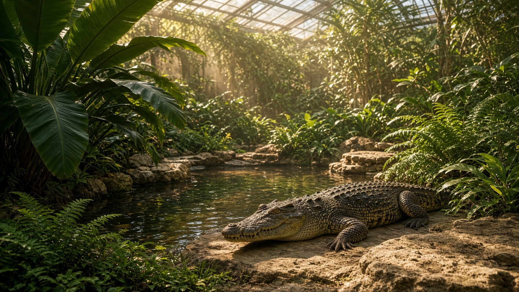 Tropenhalle des Tropenzoo Bingen mit Krokodil an der Lagune