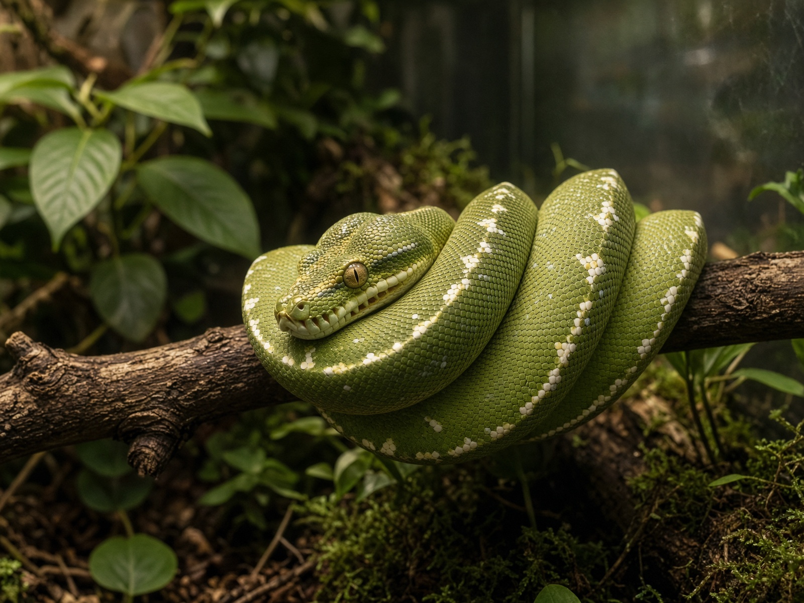 Schlange auf einem Ast in einem bepflanzten Terrarium