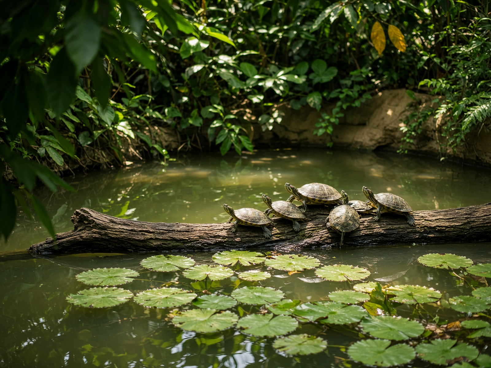 Indoor-Teich mit Schildkröten auf einem Stamm